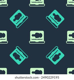 Green and beige Sound or audio recorder or editor software on laptop icon isolated seamless pattern on blue background.  Vector