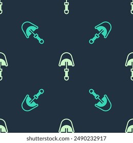 Green and beige Spatula icon isolated seamless pattern on blue background. Kitchen spatula icon. BBQ spatula sign. Barbecue and grill tool.  Vector