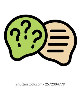 Green and beige speech bubbles representing online chatting, featuring question marks and text lines