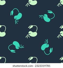 Green and beige Sprout icon isolated seamless pattern on blue background. Seed and seedling. Leaves sign. Leaf nature.  Vector