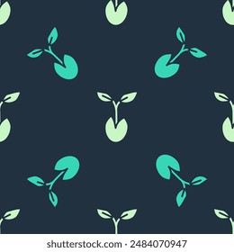 Green and beige Sprout icon isolated seamless pattern on blue background. Seed and seedling. Leaves sign. Leaf nature.  Vector