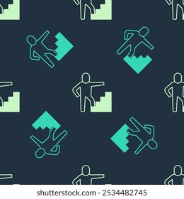 Green and beige Stair with finish flag icon isolated seamless pattern on blue background. Career growth business concept. Concept of business development.  Vector