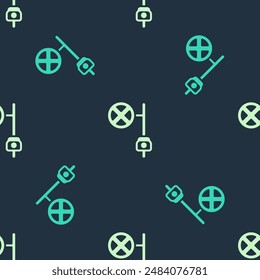 Señal de alto verde y beige con el icono de la cámara aislado patrón sin fisuras sobre fondo azul. Símbolo de parada de advertencia de regulación del tráfico.  Vector