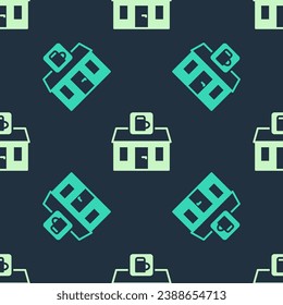 Green and beige Store building of beer shop icon isolated seamless pattern on blue background. Brewery sign.  Vector