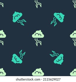 Green and beige Storm icon isolated seamless pattern on blue background. Cloud and lightning sign. Weather icon of storm.  Vector