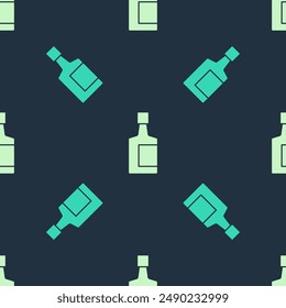 Grün und beige Tequila Flasche Symbol isoliert nahtlose Muster auf blauem Hintergrund. Mexikanisches Alkoholgetränk.  Vektorgrafik