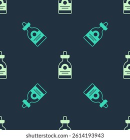Green and beige Tequila bottle icon isolated seamless pattern on blue background. Mexican alcohol drink.  Vector