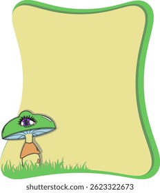Green and beige text frame featuring a whimsical mushroom with an embedded eye. Surreal and organic design.