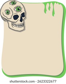 Green and beige text frame with a skull with green eyes. Grungy and surreal design.