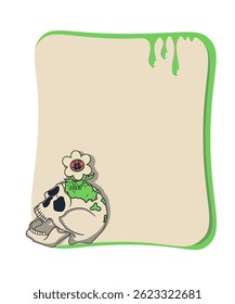 Green and beige text frame with a skull with smiling flowers. Grungy and surreal design.