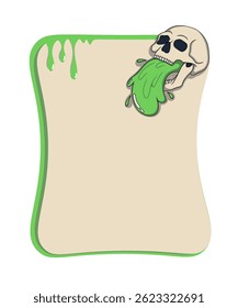 Green and beige text frame with a skull vomiting bright green slime. Grungy and surreal design.