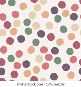 Green, beige and violet polka dot seamless pattern on pale background. Vector design for textile, backgrounds, clothes, wrapping paper, web sites and wallpaper. Fashion illustration seamless pattern.