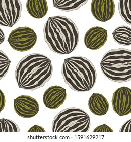 Green and beige walnuts on the white background. Vector seamless pattern. 