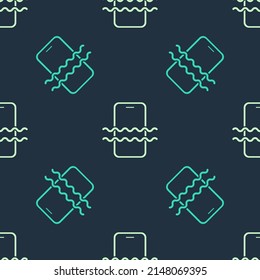 Green and beige Waterproof mobile phone icon isolated seamless pattern on blue background. Smartphone with drop of water. Vector