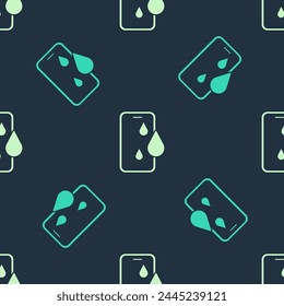 Green and beige Waterproof mobile phone icon isolated seamless pattern on blue background. Smartphone with drop of water.  Vector