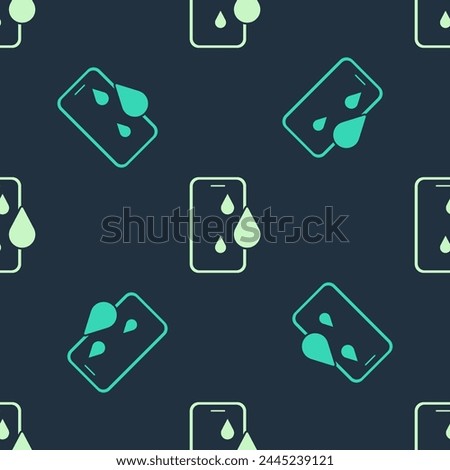 Green and beige Waterproof mobile phone icon isolated seamless pattern on blue background. Smartphone with drop of water.  Vector