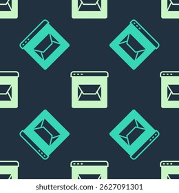 Green and beige Website and envelope, new message, mail icon isolated seamless pattern on blue background. Usage for e-mail newsletters, headers, blog posts.  Vector