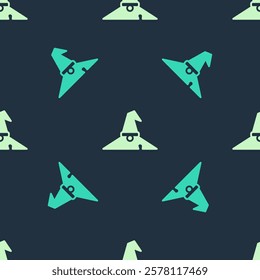 Green and beige Witch hat icon isolated seamless pattern on blue background. Happy Halloween party.  Vector