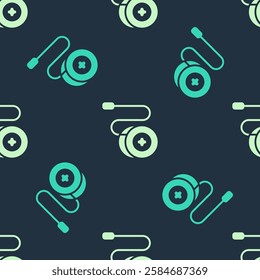 Green and beige Yoyo toy icon isolated seamless pattern on blue background.  Vector