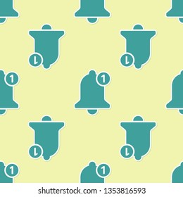 Green Bell icon isolated seamless pattern on yellow background. New Notification icon. New message icon. Flat design. Vector Illustration