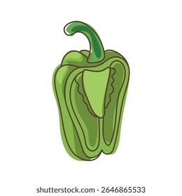 Green bell pepper cut in half with visible inner core and stem in flat cartoon style isolated on white background
