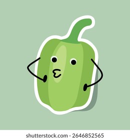 Pimenta de sino verde com cara de beijo bonito e braços simples em adesivo de estilo de desenho animado plano isolado no fundo branco