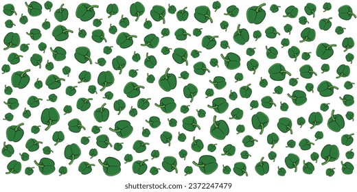 Green bell peppers scattered evenly on a white backdrop in a seamless pattern.