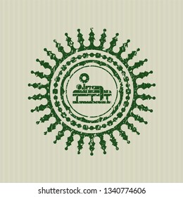 Green bench press icon inside distress rubber stamp