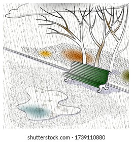 Green bench in the rain. Vector illustration