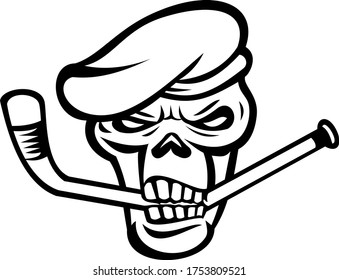 Green Beret Commando Skull  Biting an Ice Hockey Stick Mascot Black and White