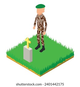 Green beret icon isometric vector. Army sergeant in uniform stand near grave. Military cemetery, remembrance day