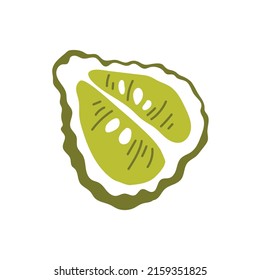 Green bergamot citrus fruit berry half cut isolated flat cartoon style icon. Vector kaffir summer rough lemon fruit, tropical exotic food. Juicy dessert, perfume cosmetics ingredient, vegetarian food