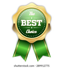 Green best choice badge with gold border and ribbon on white background
