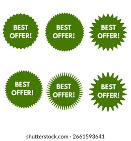 Green best offer label set starburst deal badges promo sale tag collection