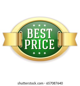 Green best price button with gold border and ribbon on white background