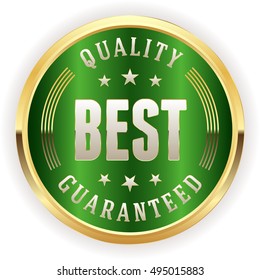 Green best quality badge / button with gold border on white background