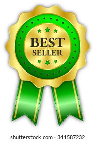 Green best seller reward with gold border and shadow on white background