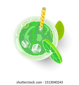 Green Beverage In Glass With Ice Cubes, Straw And Lime. Alcoholic Cocktail Or Mocktail For St. Patrick S Or Earth Day Party. Sparkling Shamrock, Irish Eyes, Emerald Isle Drink. Top View. Vector.