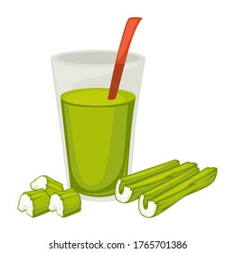 Green beverage made of celery, isolated cup of smoothie with sticks of vegetables. Healthy organic meal, drink for vegetarians and vegans. Fresh cocktail served in restaurant, menu icon vector