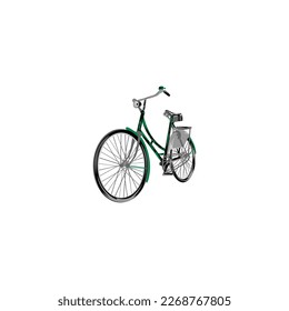 A green bicycle with a basket on the front.