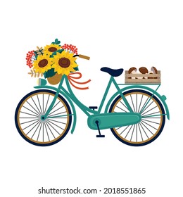 A green bicycle with a bouquet of sunflowers, and a harvest of mushrooms in a box. Vector illustration, white background.