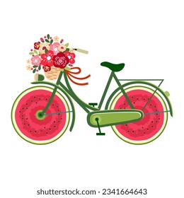 A green bicycle with a bright bouquet and watermelon wheels . Vector. Illustrated clipart.