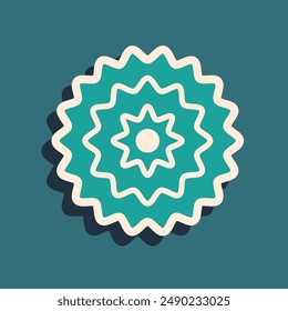 Green Bicycle cassette mountain bike icon isolated on green background. Rear Bicycle Sprocket. Chainring crankset with chain. Long shadow style. Vector