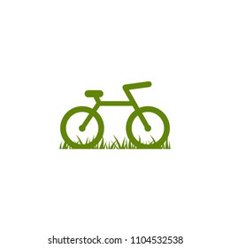 Green bicycle with grass icon. Flat bike logo isolated on white. Vector illustration. Eco transport symbol. Healthy journey. Ecology. Go green. 