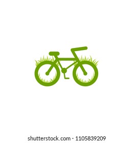 Green bicycle with grass icon. Flat bike logo isolated on white. Vector illustration. Eco transport symbol. Healthy journey. Ecology. Go green. World car free day