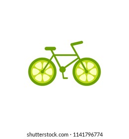 Green bicycle with lime wheels icon. Flat bike logo isolated on white. Vector illustration. Eco transport symbol. Healthy journey. Ecology. Go green. Summer trip, vacation, journey