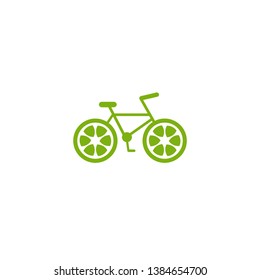 Green bicycle with lime wheels icon. Flat bike logo isolated on white. Vector illustration. Eco transport symbol. Healthy journey. Ecology. Go green. Summer trip, vacation, journey