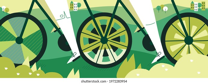 Green bicycle with three wheels. Bike on the way of green grass and tree with small houses. Cycling and outside activity. Flat cartoon colorful vector illustration. Bicycle triplet or triplets tandem.