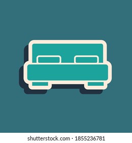 Green Big bed for two or one person icon isolated on green background. Long shadow style. Vector.