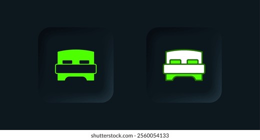 Green Big bed for two or one person icon isolated on black background. Black square button. Vector